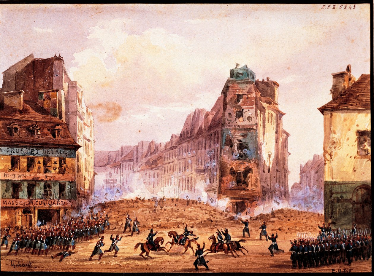 Scene fra 1848 Revolution, Culture Sainte Catherine Street barrikaden i februar måned, av Gobaut, Frankrike av Gaspard Gobaut