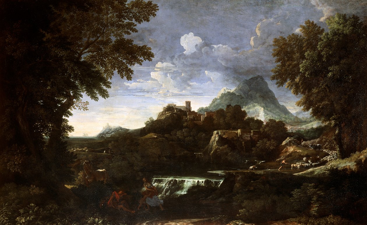 Landskap med Rinaldo og Armida (Erminia og Tancredi), av Gaspard Dughet (1615-1675), olje på lerret av Gaspard Poussin Dughet