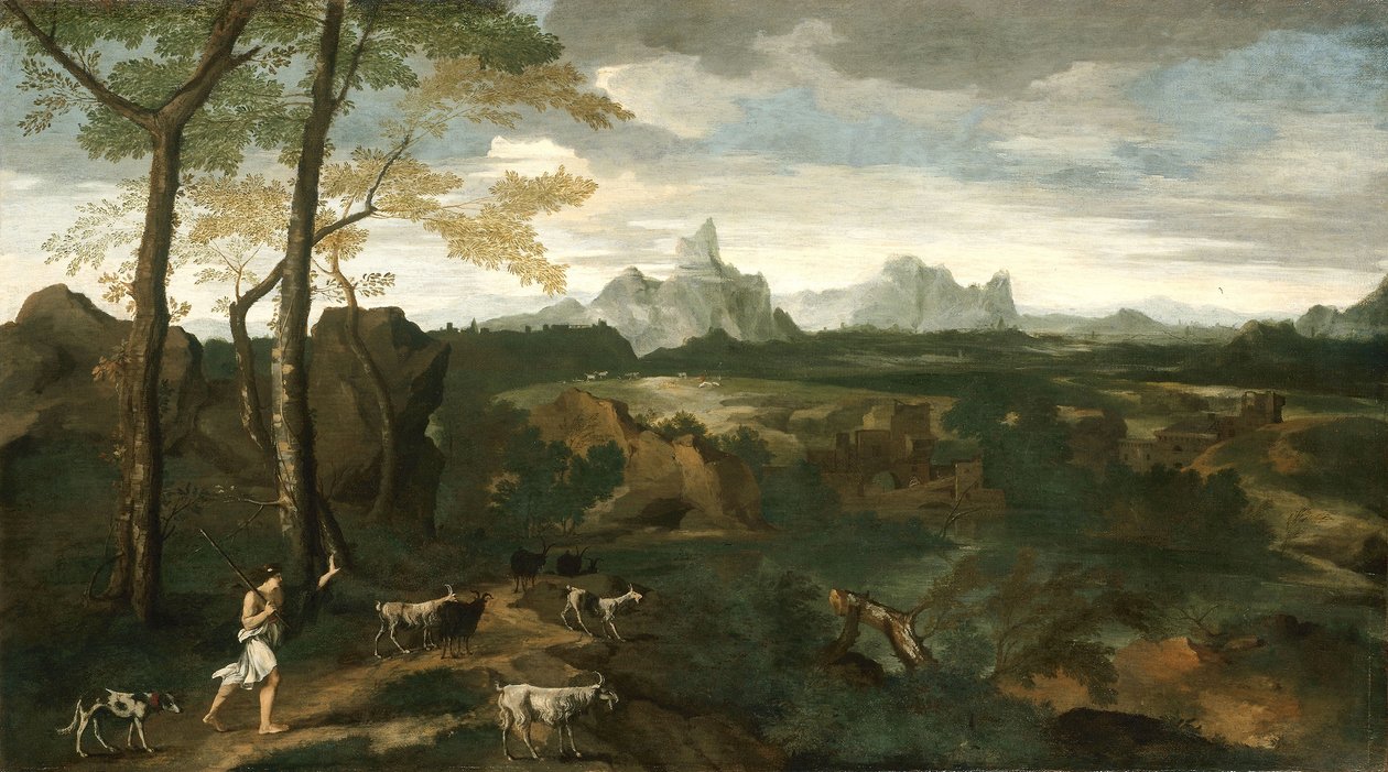 Landskap med en gjeter og geiter, ca. 1635 (olje på lerret) av Gaspard Poussin Dughet