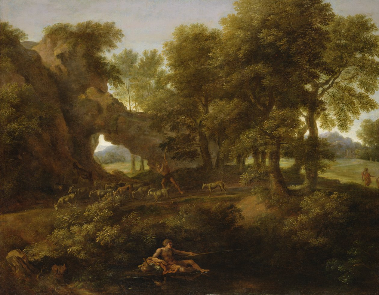 Landskap med en fisker, en gjeter og andre figurer av Gaspard Poussin Dughet