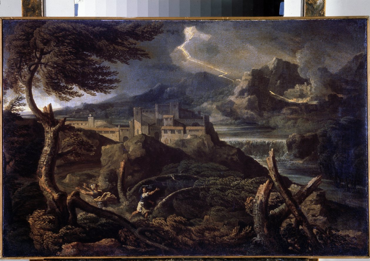 ""Paysage aux eclairs"" (Landskap med lyn) Maleri av Gaspard Dughet (1615-1675) 1670 ca. Dim. 40x62,5 cm Eremitagemuseet, St. Petersburg (Sankt-Petersburg) av Gaspard Poussin Dughet