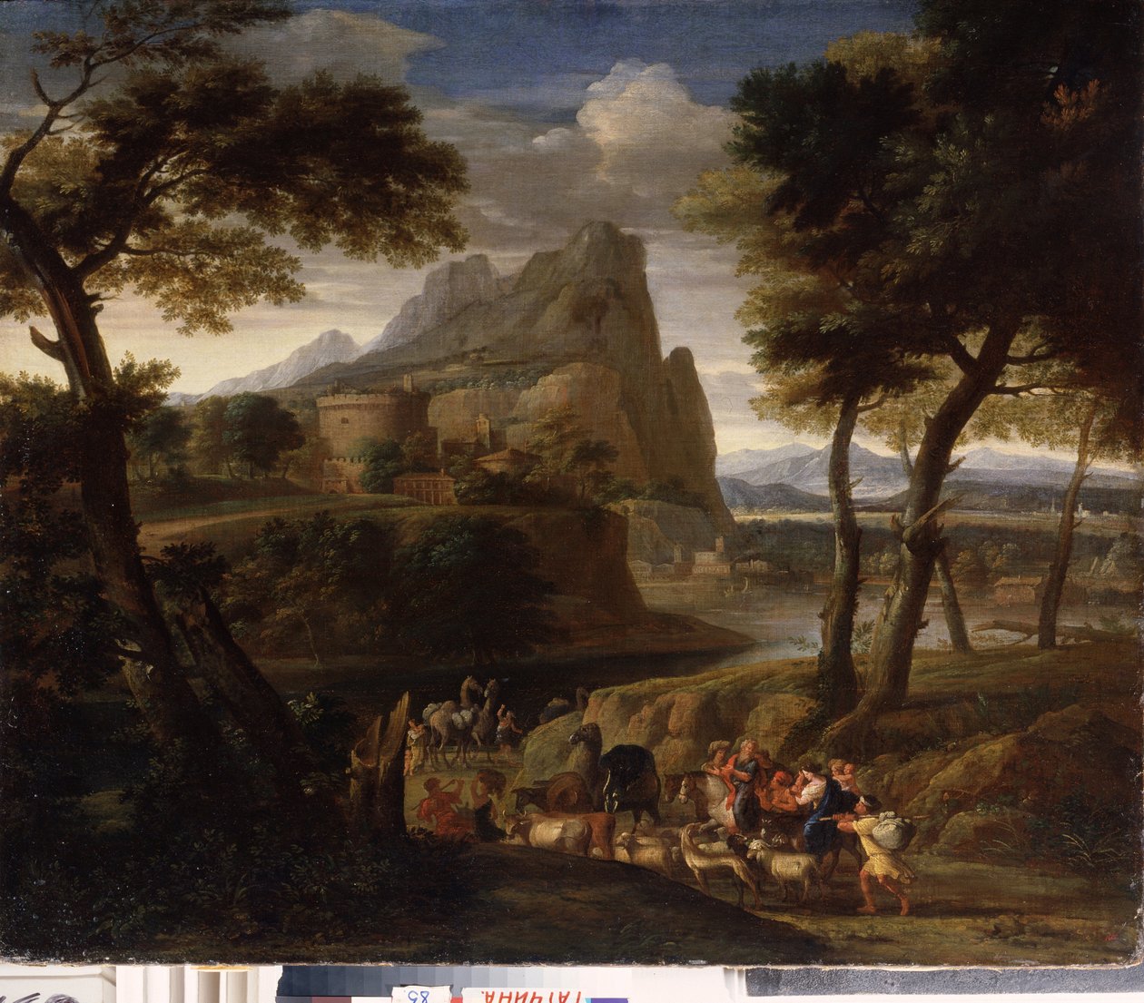 ""Landskap med en gruppe reisende"" (Landskap med campingvogn) Maleri av Gaspard Dughet (1615-1675) 1600-tallets statlige friluftsmuseum Palace Gatchina, St. Petersburg av Gaspard Poussin Dughet