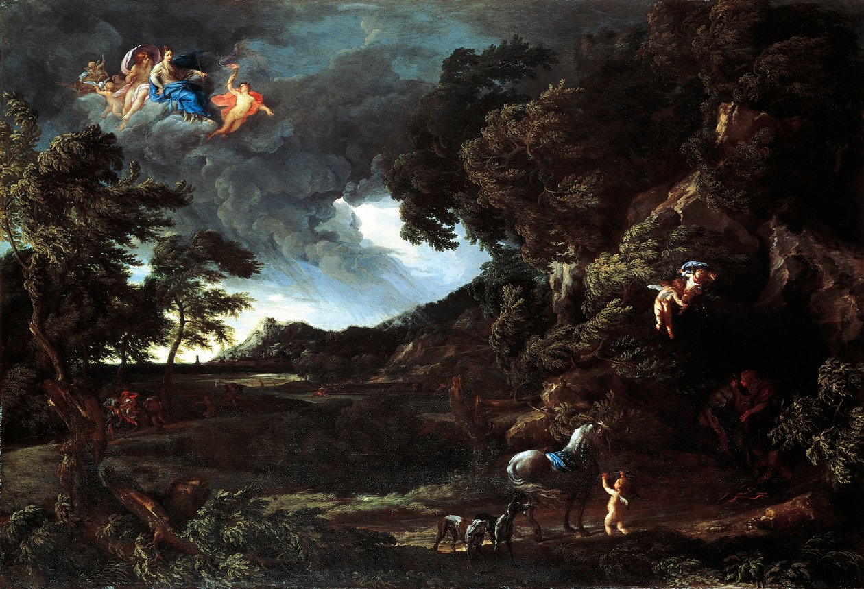 Landskap med unionen av Dido og Aeneas, ca. 1664-48 (olje på lerret) av Gaspard Poussin and Maratta or Maratti Carlo Dughet