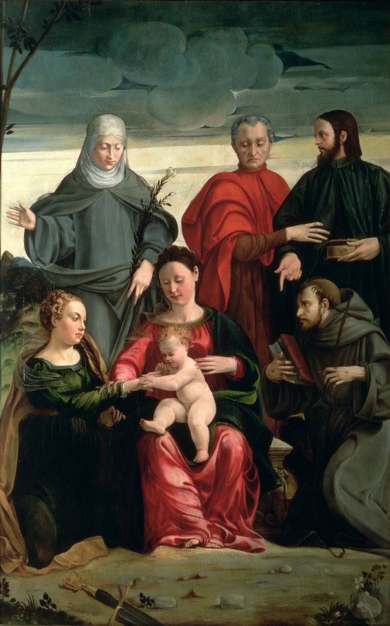 St. Catherines mystiske ekteskap med St. Francis, St. Clare, St. Cosmas og St. Damian av Gaspare Pagani