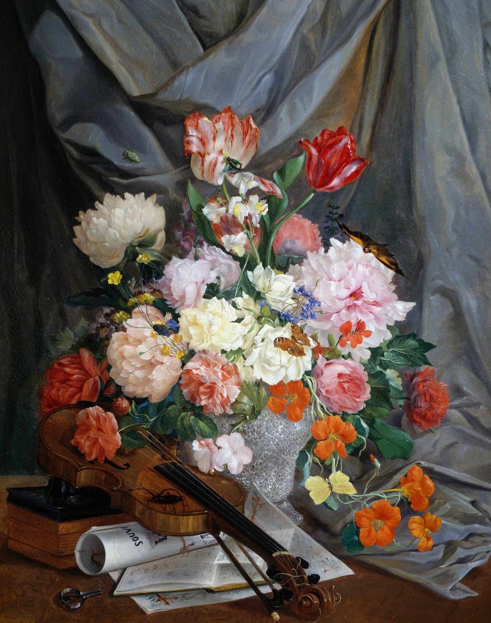 Stilleben med vase med snittblomster og fiolin, av Gaspare Mattioli, olje på lerret, Italia av Gaspare Mattioli