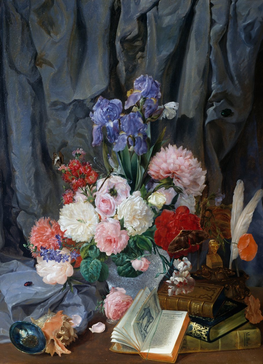Stilleben med vase med avskårne blomster, skjell og bøker, av Gaspare Mattioli, olje på lerret, Italia av Gaspare Mattioli
