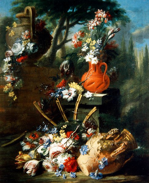 Et stilleben av blomster i terrakottapotter (olje på lerret) av Gasparo Lopez