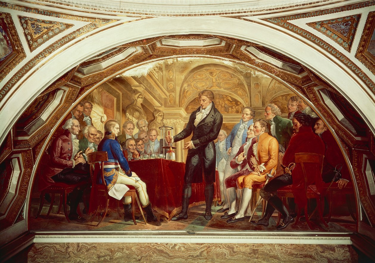 Alessandro Volta (1745-1827) viser fram sitt nyoppfunne batteri til Napoleon (1769-1821) ved Institut de France i Paris, 7. november av Gaspero Martellini