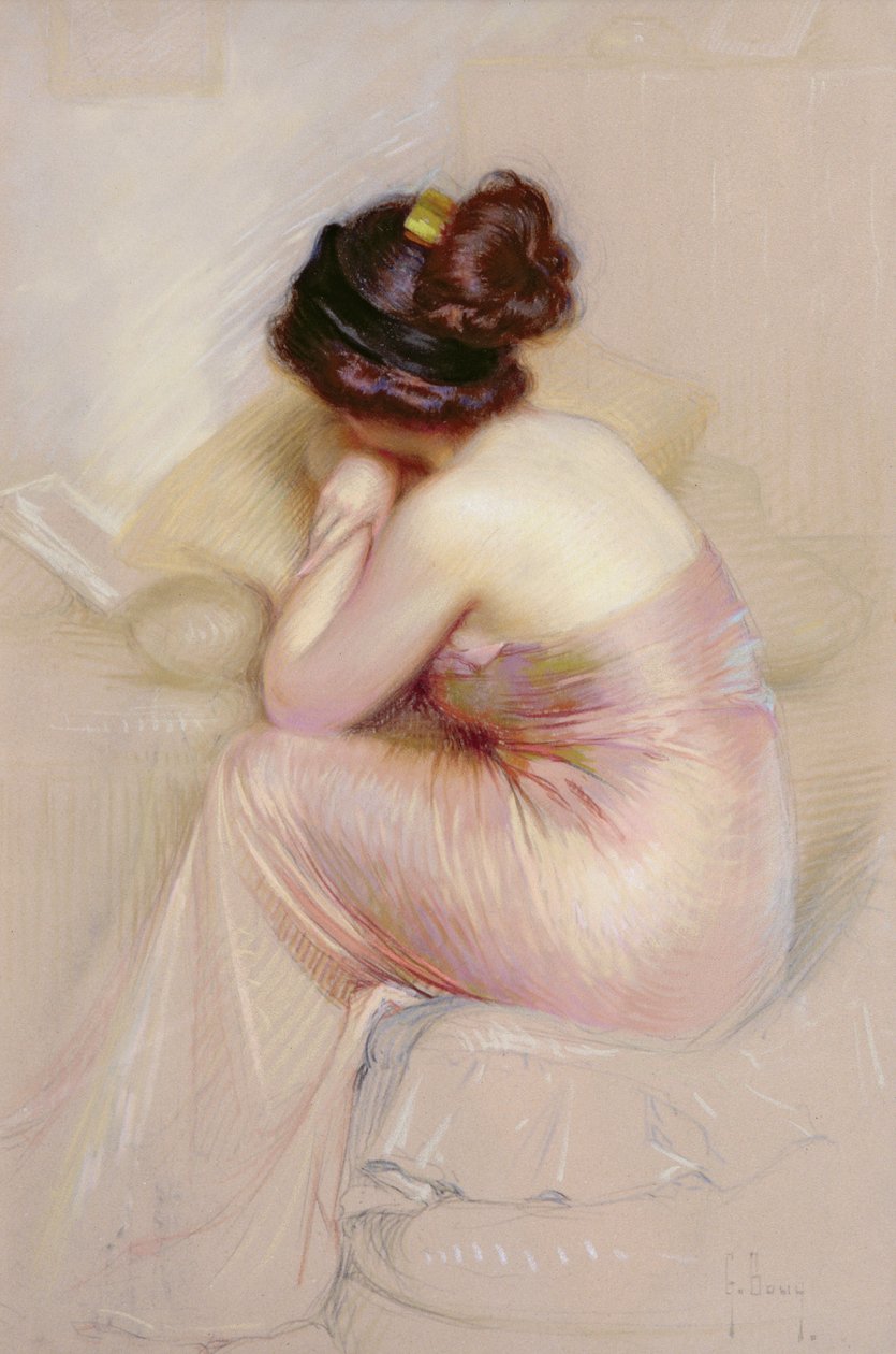 Studie av ung kvinne i en satengkjole (pastell på papir) av Gaston Bouy