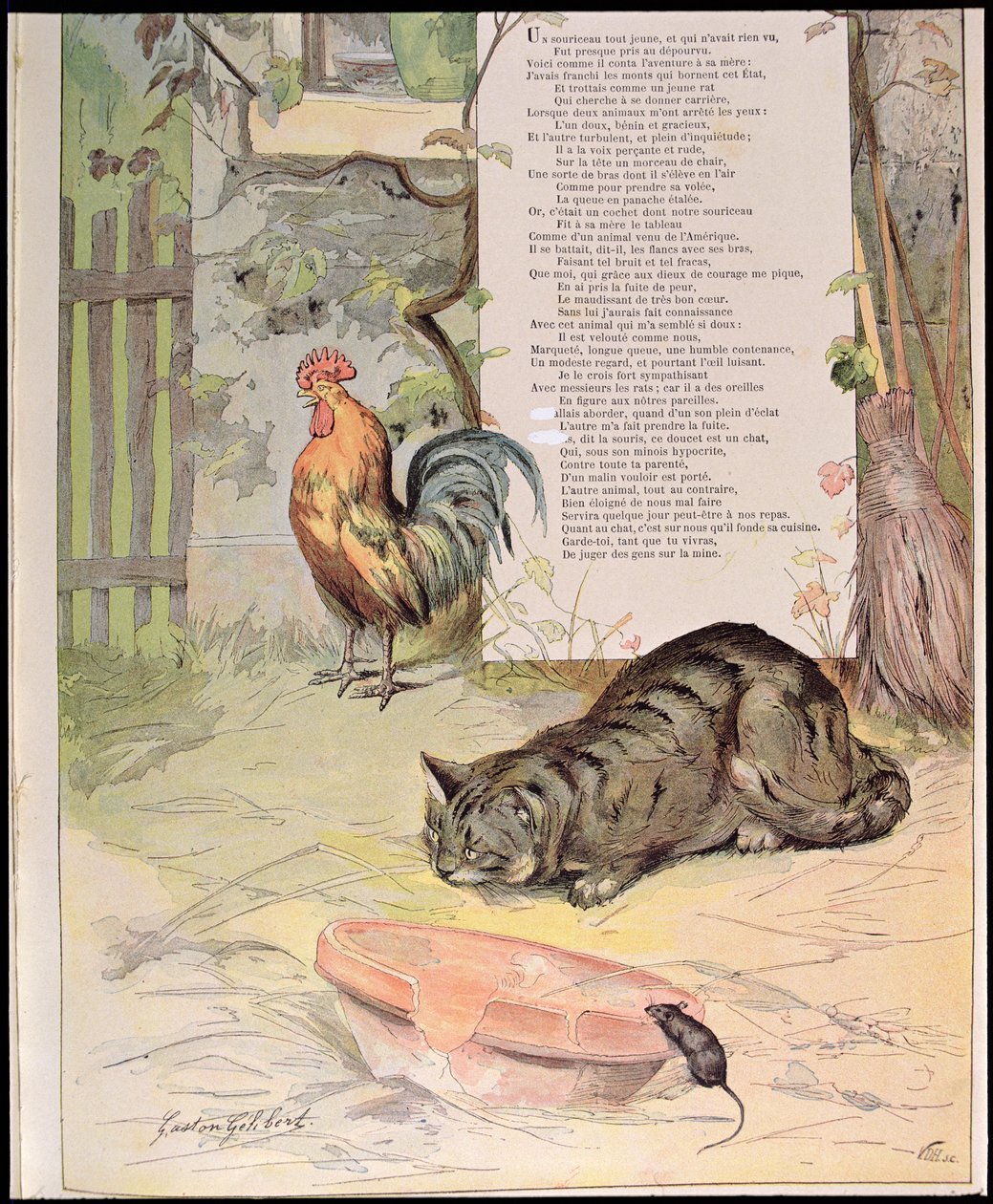 Den unge hanen, katten og den unge musen, fra 'Fables' av Jean de La Fontaine (1621-95) 1888 (fargegravering) av Gaston Gelibert