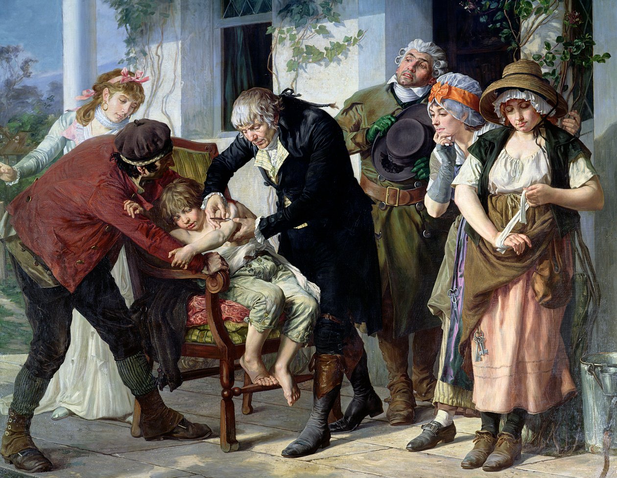 Edward Jenner (1749-1823) utførte den første vaksinasjonen mot kopper i 1796, 1879 (detaljer) (se også 166614) av Gaston Melingue