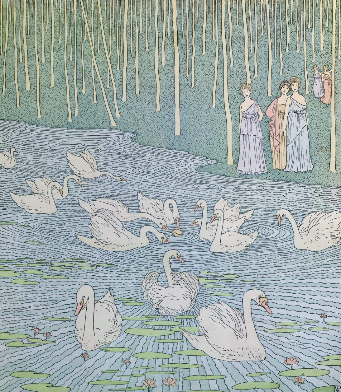 Nausicaa og hennes ledsagere som leker med en ball, illustrasjon fra bok 6 av Odyssey, oversatt av Lecomte de lIsle, ca. 1900 av Gaston de Latenay