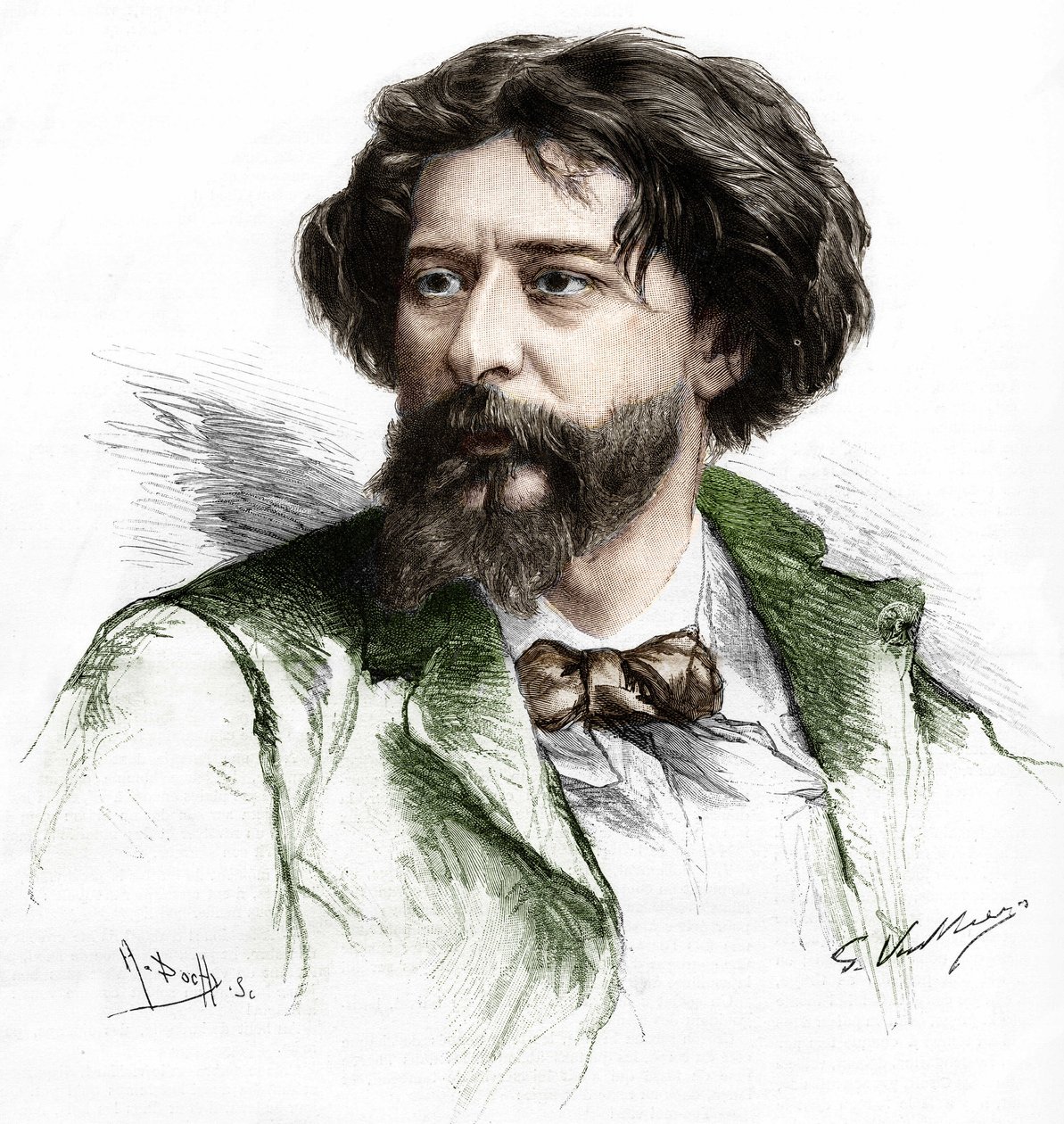 Portrait of Alphonse Daudet (1840-1897), French writer. Engraving by A. Pochy after Gaston Vuillier, sd. late 19th century. av Gaston (after) Vuillier