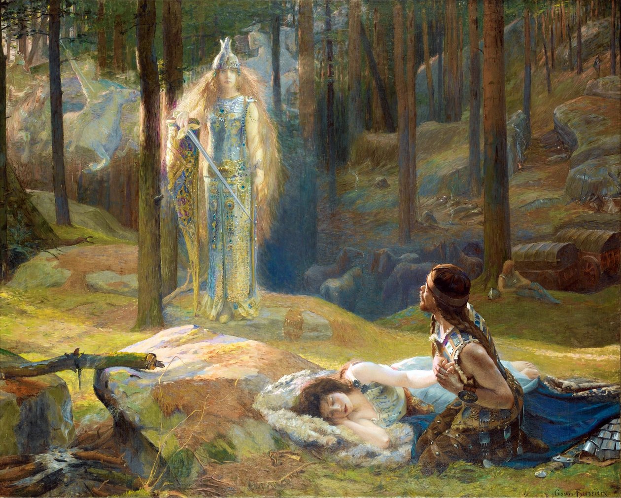 La åpenbaring, Brunnhilde (Brunehilde, Brynhildr) decouvrant Siegmund et Sieglinde - Åpenbaringen. Brunhilde Seeing Siegmund And Sieglinde av Bussiere, Gaston (1862-1928) av Gaston Bussiere