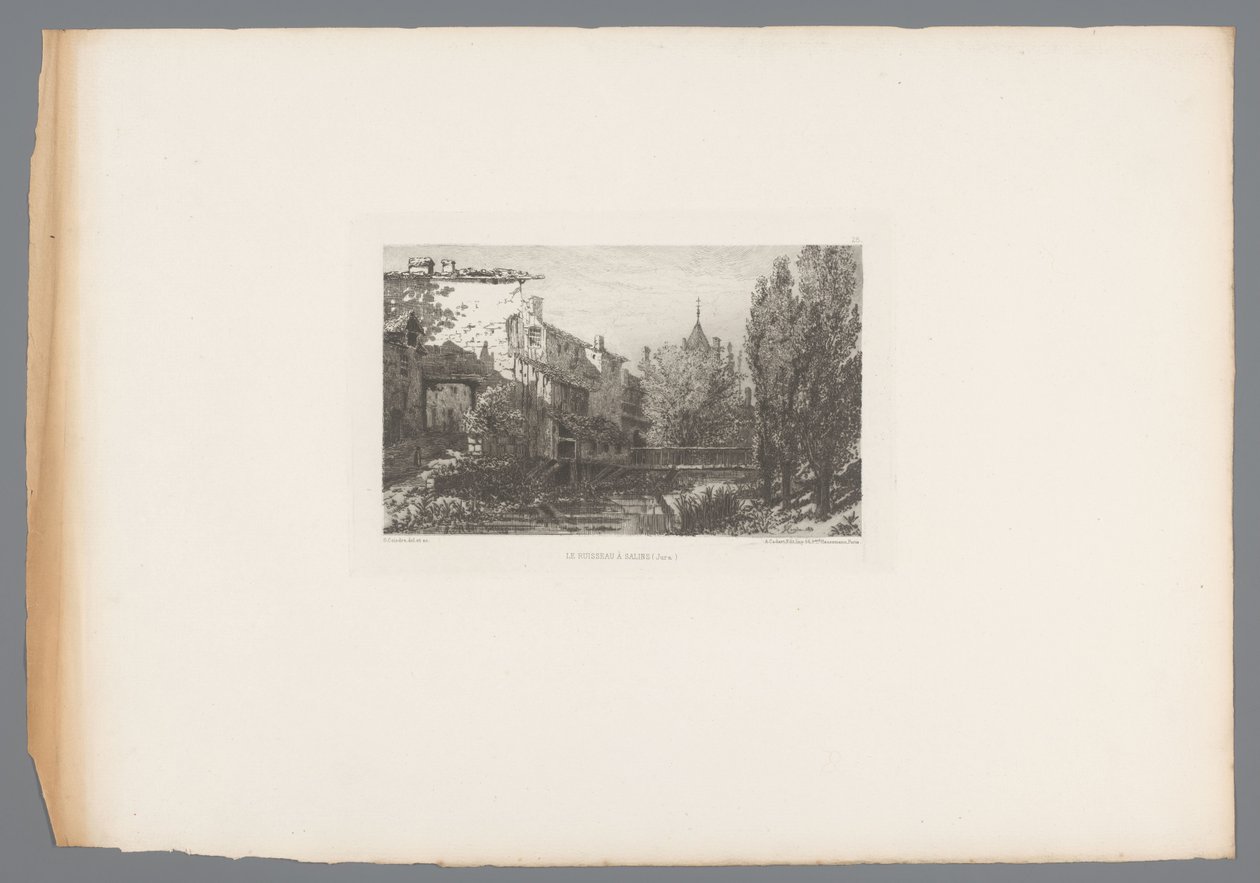 Utsikt over en bekk nær Salins Le ruisseau à Salins (tittel på objekt) Franske etsninger fra 1875 (serietittel) L'eau-forte en 1875 (serietittel) av Gaston Coindre