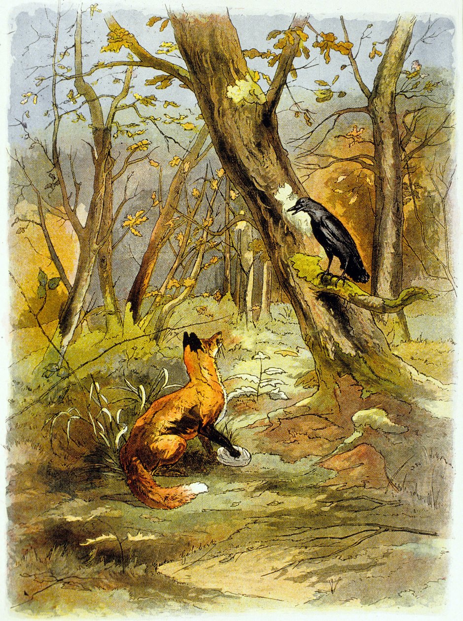 La Fontaines fabel: Kråken og reven (illustrasjon, ca. 1900) av Gaston Gelibert