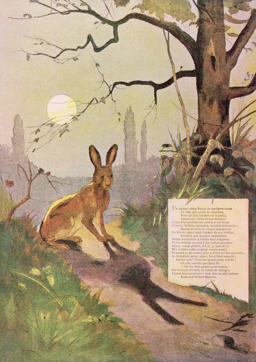 The Ears of the Hare, fra Fables av Jean de La Fontaine (1621-95) (fargegravering) av Gaston Gelibert
