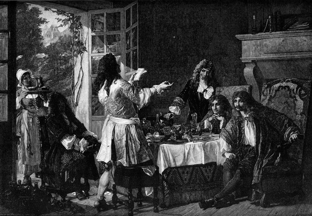 Middag på Moliere's i Auteuil. Hentydning til anekdoten om "" Dinner d'Auteuil" eller La Fontaine, Chapelle (Claude Emmanuel Lhuillier, dit), Racine og Boileau bestemte seg under et måltid for å begå selvmord. 17. århundre. Gravering av Gaston Melingue