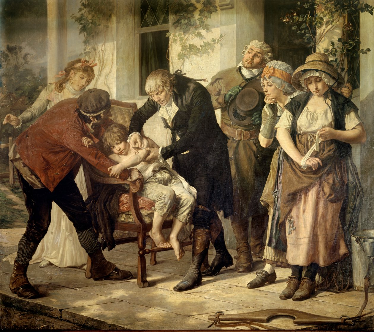 Den første vaksinasjonen av Edward Jenner (1749-1823), britisk lege som oppdaget vaksinen mot kopper Maleri av Gaston Melingue (1840-1914) 1796 Paris, medisinakademiet av Gaston Melingue