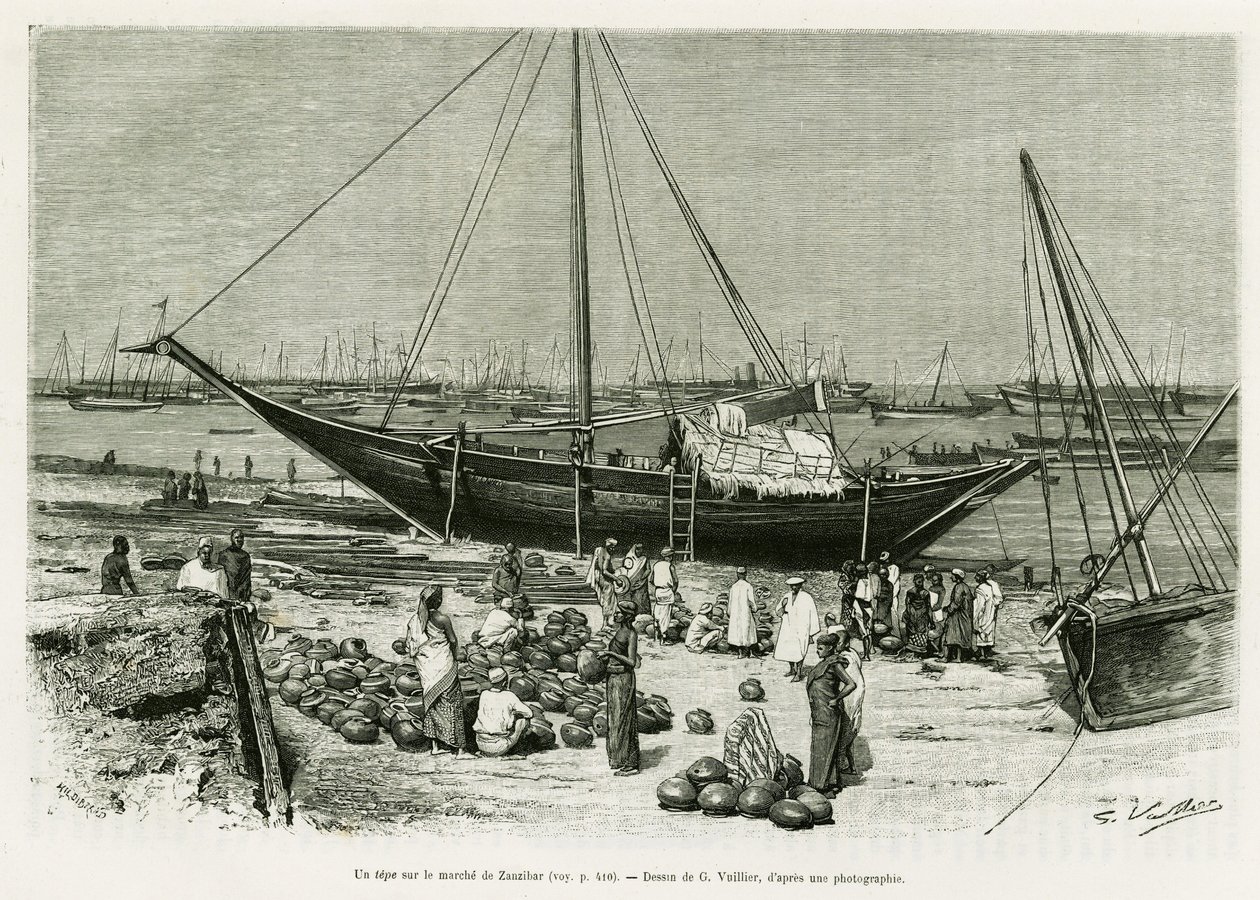 En tepe på Zanzibar-markedet (Tanzania). Gravering av G.Vuillier, for å illustrere historien Voyage among the Benadirs, Somali and Bayouns, i 1882 og 1883, av G.Revoil, i le tour du monde 1888, regissert av Edouard Charton (1807-1890), Hachette, Paris. av Gaston Vuillier