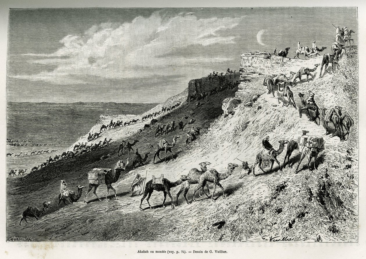 Akabah eller stille opp kameler fra campingvognen. Gravering av G.Vuillier, for å illustrere historien "" pelerinage au Nedjed, den arabiske rasens vugge"", av Lady Anna Blunt, i 1878-1879, publisert i Tour du monde, under ledelse av Edouard Charton (1807- av Gaston Vuillier