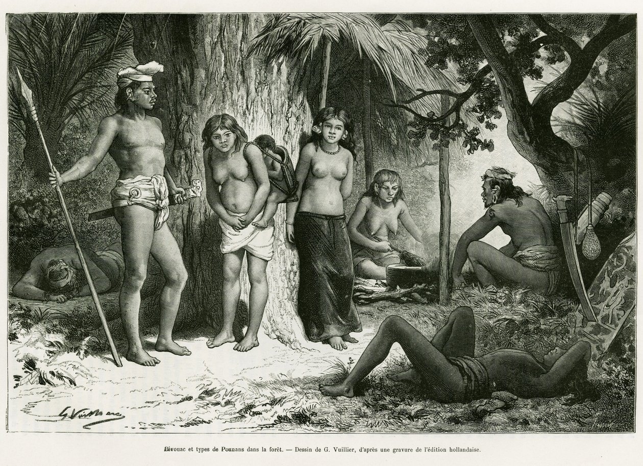 Bivuakk og lungetyper i skogen. Gravering av G.Vuillier, for å illustrere historien De Koutei a Bandjirmasin, reise gjennom Borneo, av Carl Bock, i le tour du monde 1890, regissert av Edouard Charton (1807-1890), Hachette, Paris. av Gaston Vuillier