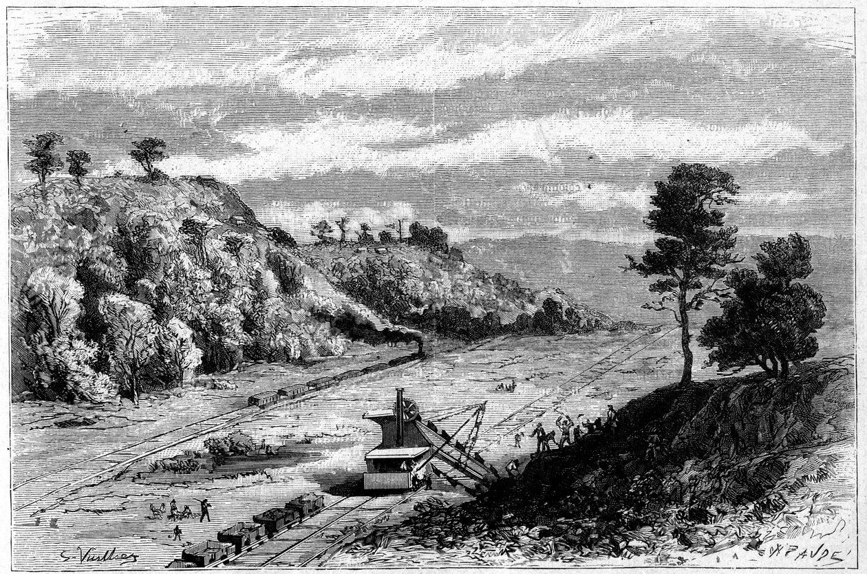Bygging av Panamakanalen - gjennomboring av landtangen i Panama: generell utsikt over gravemaskinstedet Monkey Hill (Monkey-Hill). Gravering av Vuillier i ""Le Monde Illustre"" nr. 1309 av 29. april 1882. av Gaston Vuillier