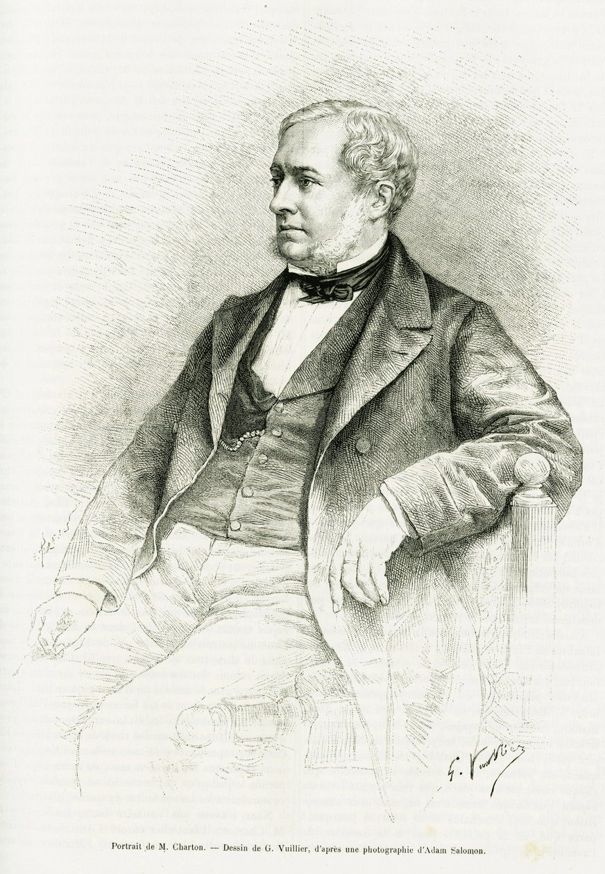 Portrett av Edouard Charton. Gravering av G.Vuillier, etter et fotografi av Adam Salomon, for å illustrere artikkelen med tittelen M. Charton av Paul Laffite i le tour du monde 1890, redigert av Edouard Charton (1807-1890), Hachette, Paris. av Gaston Vuillier