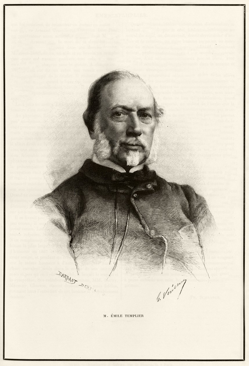 Portrett av Emile Templier (1821-1891), samarbeidspartner til Louis Hachette (1800-1864), ansvarlig for produksjonen av "Tour du monde". Gravering av G.Vuillier, for å illustrere historien "Fra Paris til Tonkin, gjennom det ukjente Tibet"" av Gabriel Bonva av Gaston Vuillier