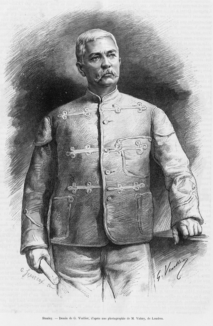 Portrett av Henry Morton Stanley (født John Rowlands 1841-1904) journalist og oppdagelsesreisende. Gravering av G.Vuillier, for å illustrere historien I mørket i Afrika, oppdaget forskning og retrett av Emin Pasha av Gaston Vuillier