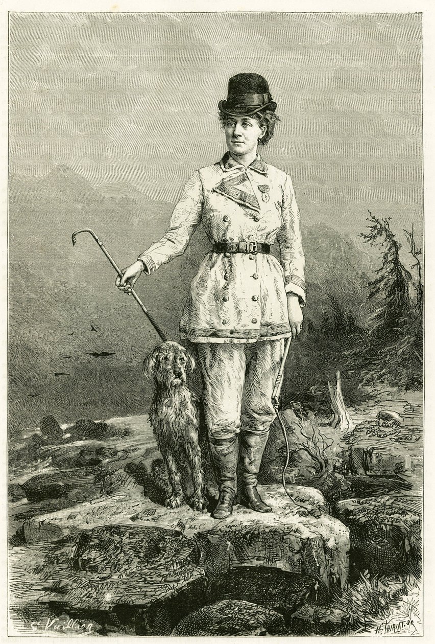 Portrett av Madame Marie De Ujfalvy-Bourdon, i reisedrakt, med hunden sin, gift med etnologen lingvist og oppdagelsesreisende Charles Eugene Ujfalvy (1842-1904), hun fulgte ham på alle hans ekspedisjoner. Gravering av G.Vuillier, etter naturen for å illust av Gaston Vuillier