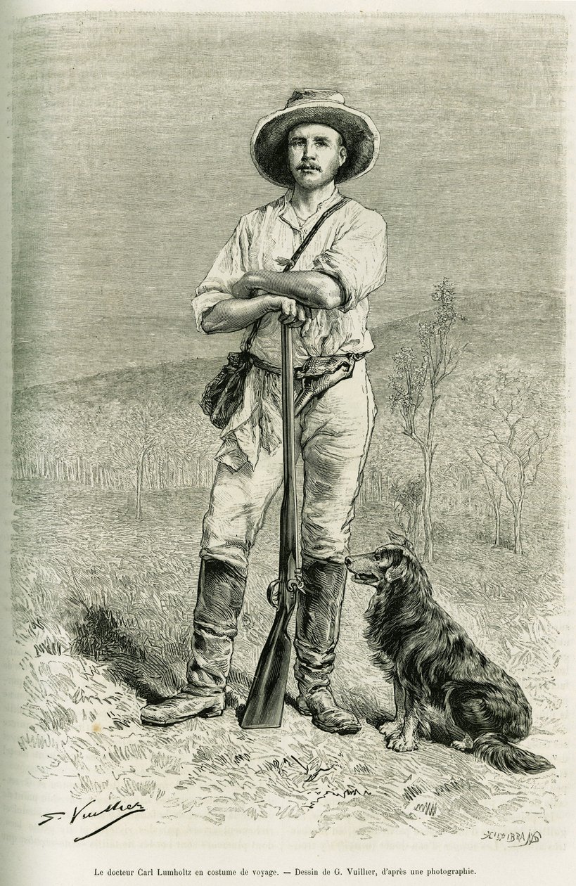 Portrett av den reisende forfatteren Carl Lumholtz. Gravering av G.Vuillier, for å illustrere historien Chez les cannibales, reise nord-øst i Australia av Gaston Vuillier