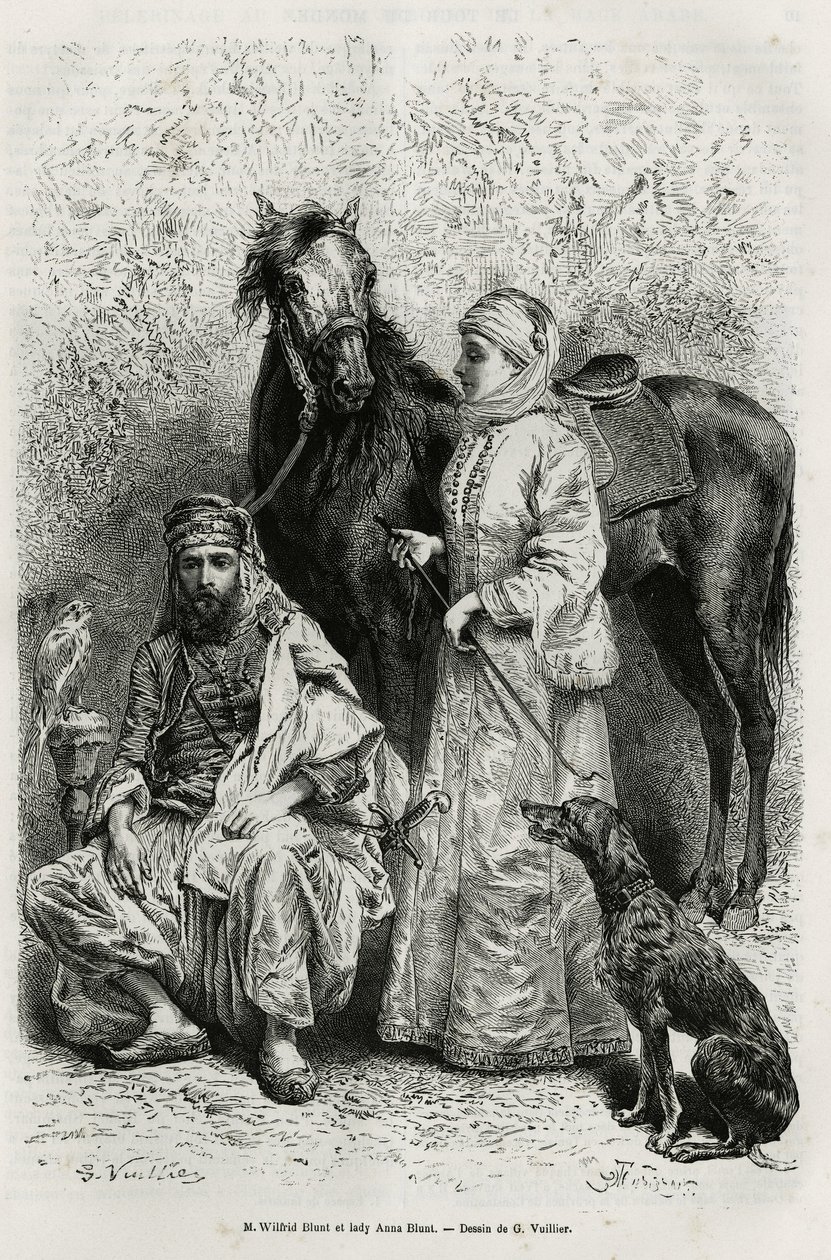 Portretter av Mr. Wilfrid Blunt (1840-1922), poet og forfatter, og hans kone, Lady Anna Blunt (nee King Noel (King Noel) 1837-1917), den første europeiske kvinnen som utforsket Midtøsten, iført reisedrakt , foran en av de arabiske hestene i stallen deres av Gaston Vuillier