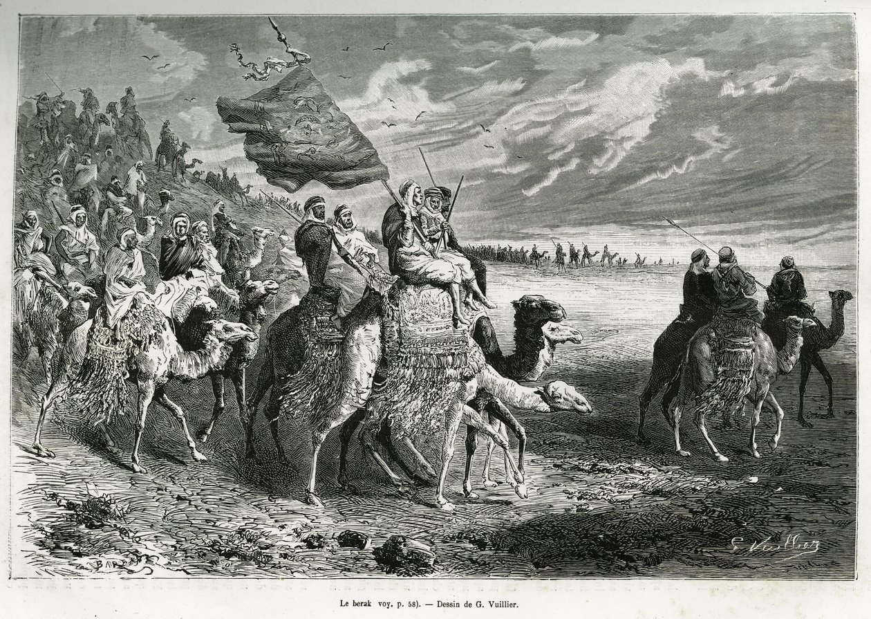 Berak, flagget til Emir Ibn Al Rashid (1872-1890) (Saudi-Arabia). Gravering av G.Vuillier, for å illustrere historien "" pelerinage au Nedjed, den arabiske rasens vugge"", av Lady Anna Blunt, i 1878-1879, publisert i Tour du monde, under ledelse av Gaston Vuillier