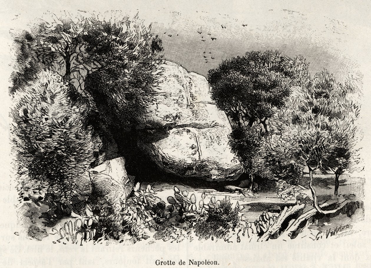 Hulen Napoleon, eller Napoleon Bonaparte (1769-1821) elsket å søke tilflukt som barn for å studere og meditere. Gravering og historie "" La Corse"" av Gaston Vuillier (1845-1915), i 1890, i Le tour du monde, nouveau journal des voyages, under ledelse av av Gaston Vuillier