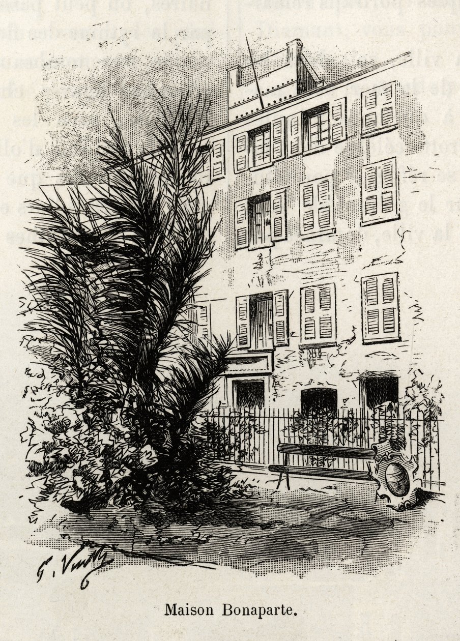 Fasaden til huset Bonaparte, der Napoleon Bonaparte (1769-1821) ikke er. Gravering og historie "" La Corse"" av Gaston Vuillier (1845-1915), i 1890, i Le tour du monde, nouveau journal des voyages, under ledelse av Edouard Charton (1807-189) av Gaston Vuillier