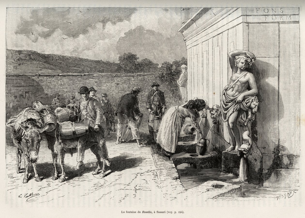 Fontenen til Rossello, i Sassari (Italia). Daglige aktiviteter, kvinne som fyller en criche og vannbærere med eslene sine, fyller tønnene. Gravering og historie "" La Sardaigne"" av Gaston Vuillier (1845-1915), i 1890, i Le tour du monde, nouv av Gaston Vuillier