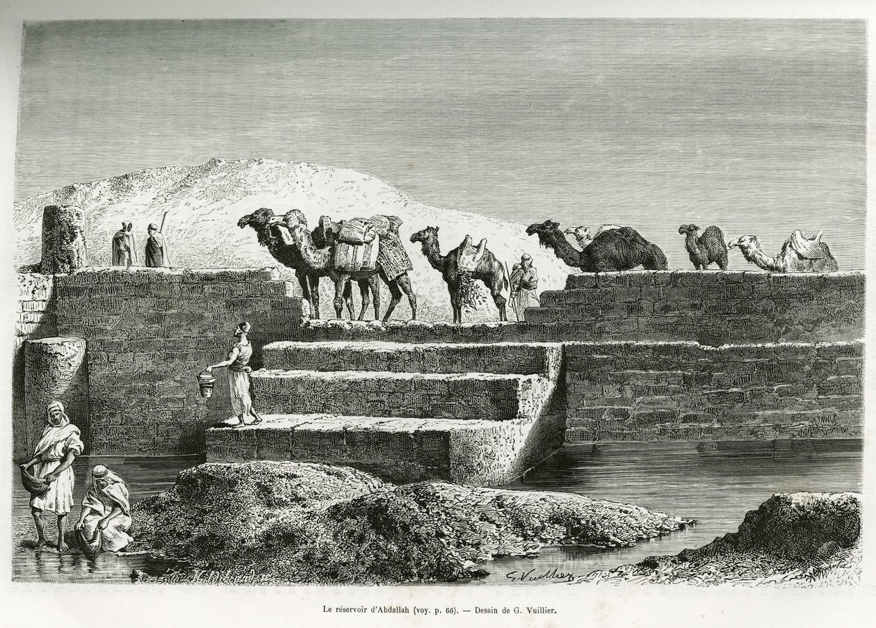 Reservoaret til Abdallah (Saudi-Arabia). Gravering av G.Vuillier, for å illustrere historien "" pelerinage au Nedjed, den arabiske rasens vugge"", av Lady Anna Blunt, i 1878-1879, publisert i Tour du monde, under ledelse av Edouard Charton (1807- 18 av Gaston Vuillier