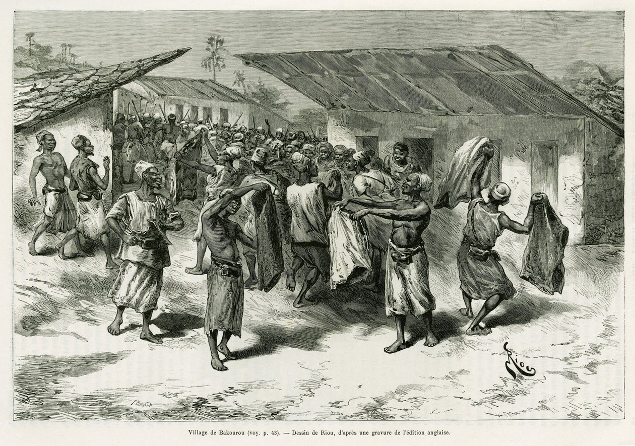 Landsbyen Bakourou, urbefolkningen tilbys gaver for fredsforhandlinger. Gravering av G.Vuillier, for å illustrere historien Dans les tenebres de l