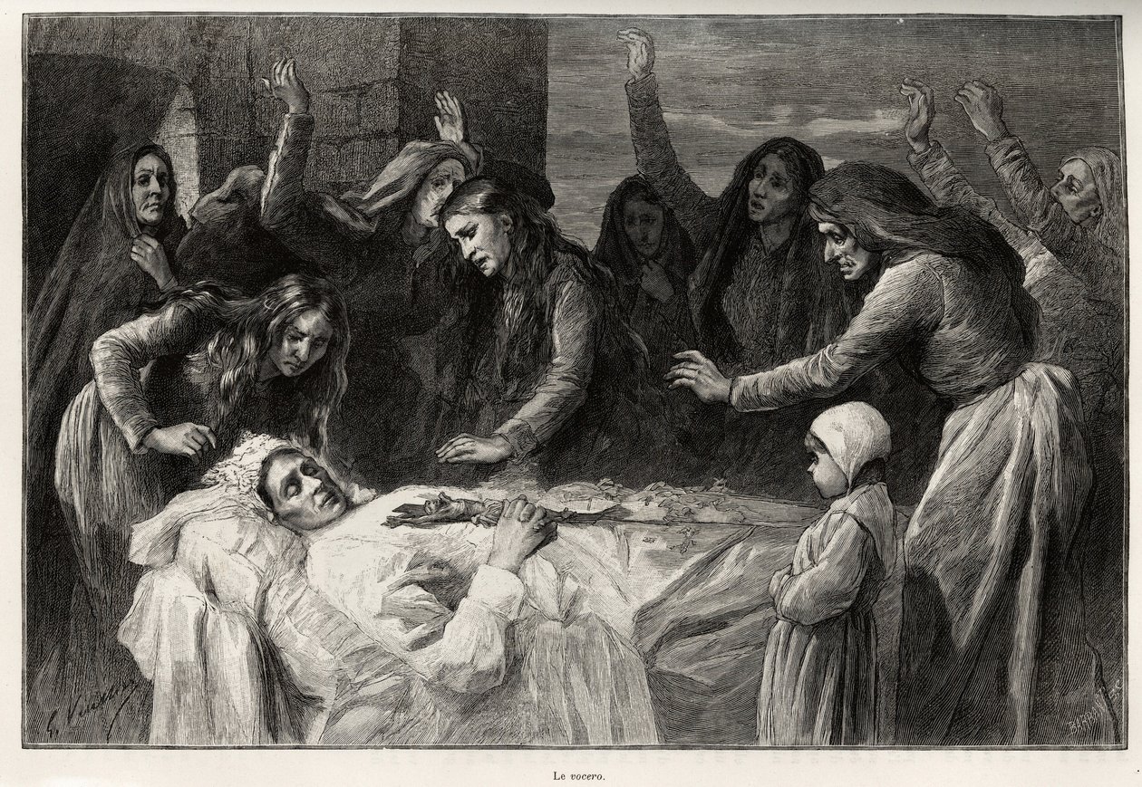 Vokeren, korsikansk funebre-sang som ber om hevn. Gravering og historie ""La Corse"" av Gaston Vuillier (1845-1915), i 1890, i Le tour du monde, nouveau journal des voyages, under ledelse av Edouard Charton (1807-1890) av Gaston Vuillier