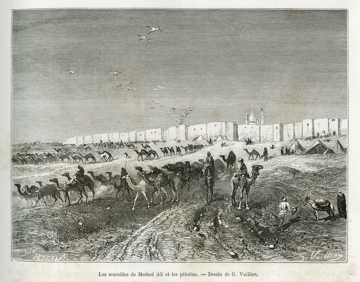 Veggene til Meshed Ali (Ali Ibn Abi Talib, død i 661, fetter, disippel og svigersønn til Muhammed (570-632)) ligger i moskeen i Najaf (Irak) og pelerinene samles for å feire den første og far til alle imamer. Gravering av G.Vuillier, til il av Gaston Vuillier