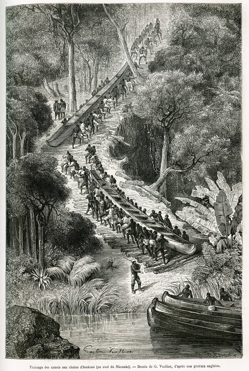 Traggende kanoer ved Innkissi Falls (eller Livingstone Falls) (Kongo), under ledelse av Sir H.M.Stanley (1841-1904), tegnet av G.Vuillier, for å illustrere historien «Through the Mysterious Continent», en reise foretatt mellom 1874 -1877, av Sir H.M.Stanle av Gaston Vuillier