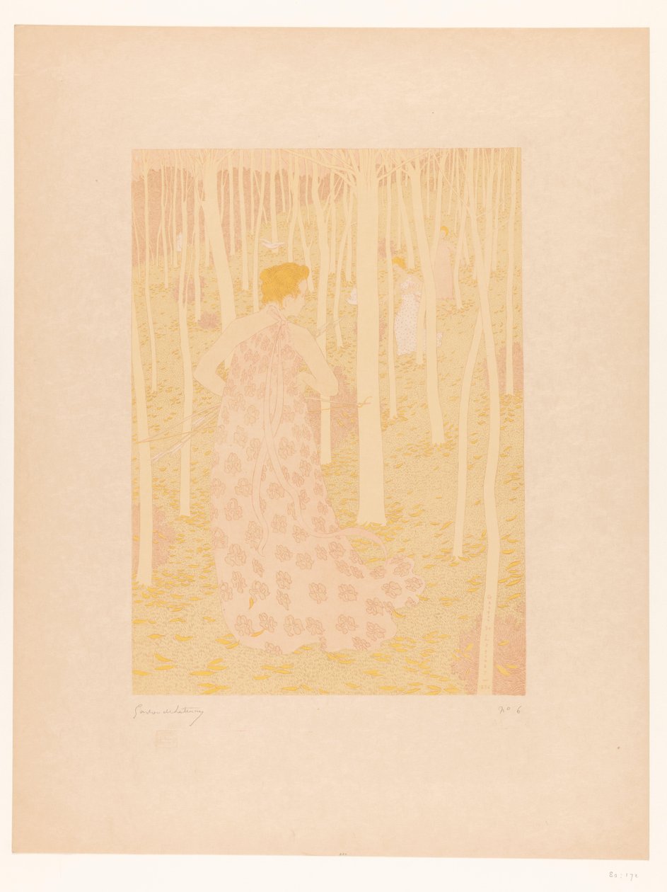 Kvinner på jakt i en skog Chasseresses (original tittel) av Gaston de Latenay (signed by artist)