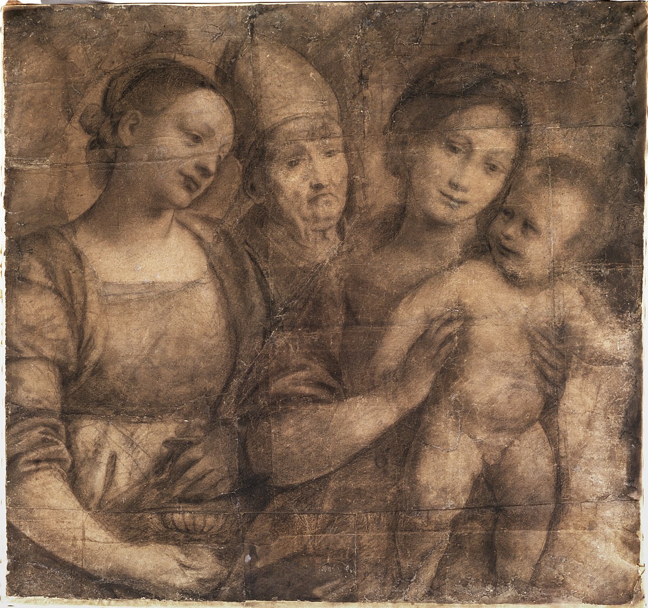 Madonnaen og barnet med St. Maria Magdalena og en biskop (svart kritt på sammenføyde ark med grått papir montert på vellum) av Gaudenzio Ferrari