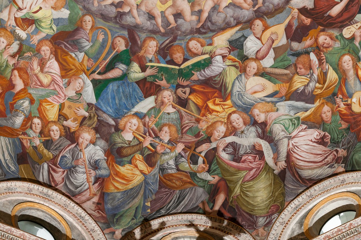 Detalj av antagelsen av den hellige jomfru, kjent som "Englernes kor som spiller musikk", Dome of the transept, fra 1534 (fresco) av Gaudenzio Ferrari