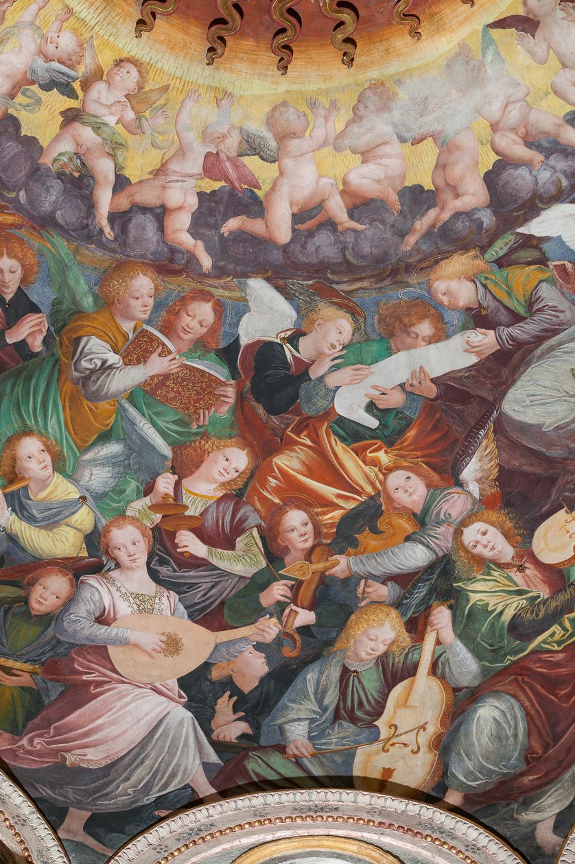 Detalj av den hellige jomfrus antagelse, kjent som "Englekoret som spiller musikk", Dome of the transept, fra 1534 (fresco) av Gaudenzio Ferrari