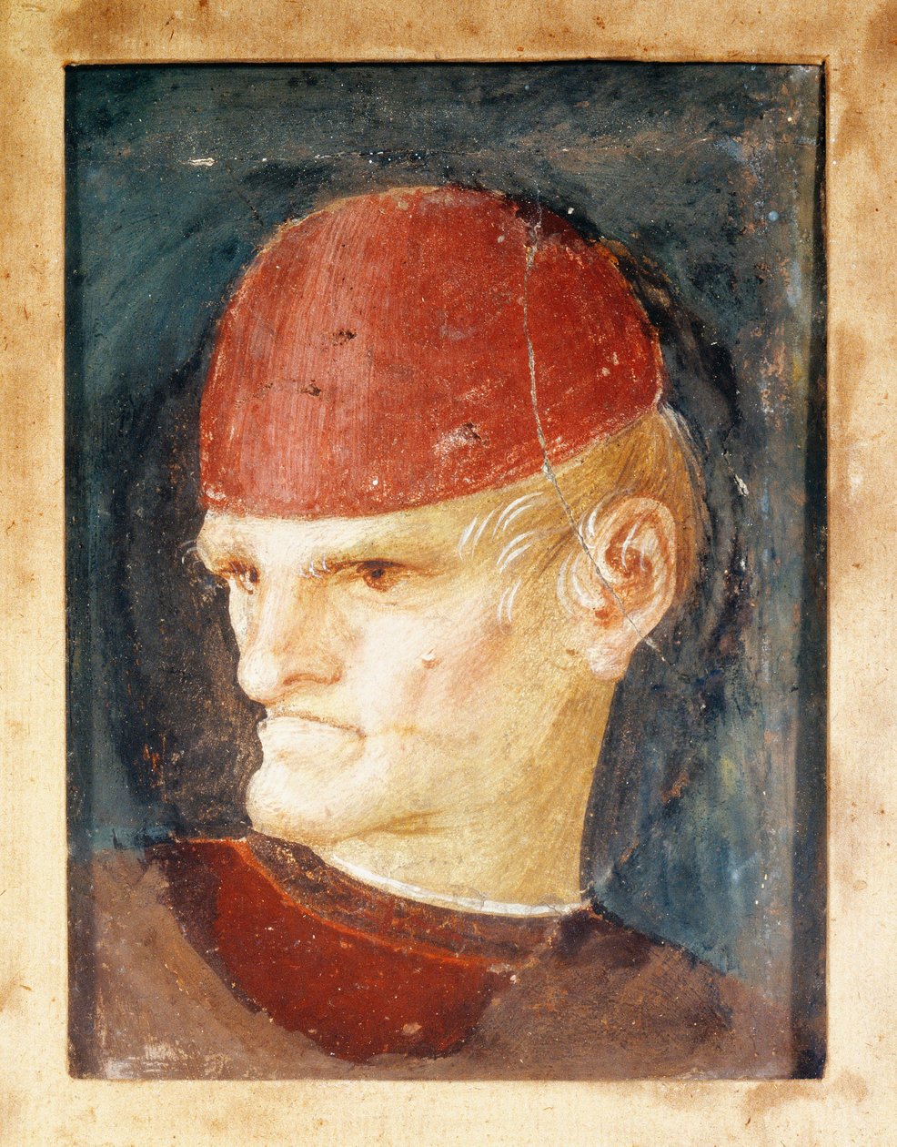 Italia, Varallo, Fragment av freskomaleri av et hode av Gaudenzio Ferrari