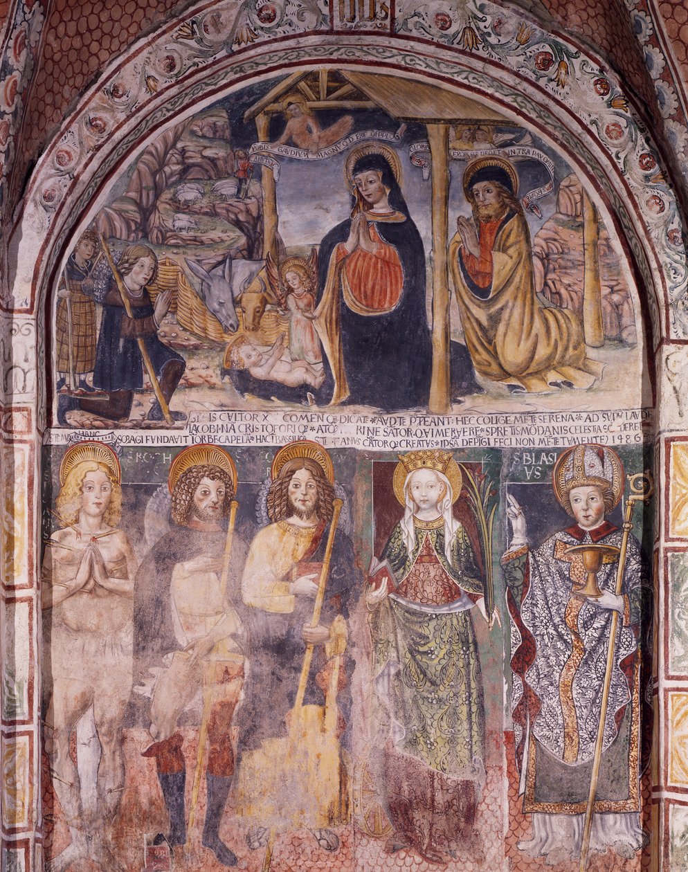 Nativity and Saints, freskomaleri av Gaudenzio Ferrari (1475-1546), Basilica of San Giulio, Island of San Giulio, Orta San Giulio, Italia av Gaudenzio Ferrari