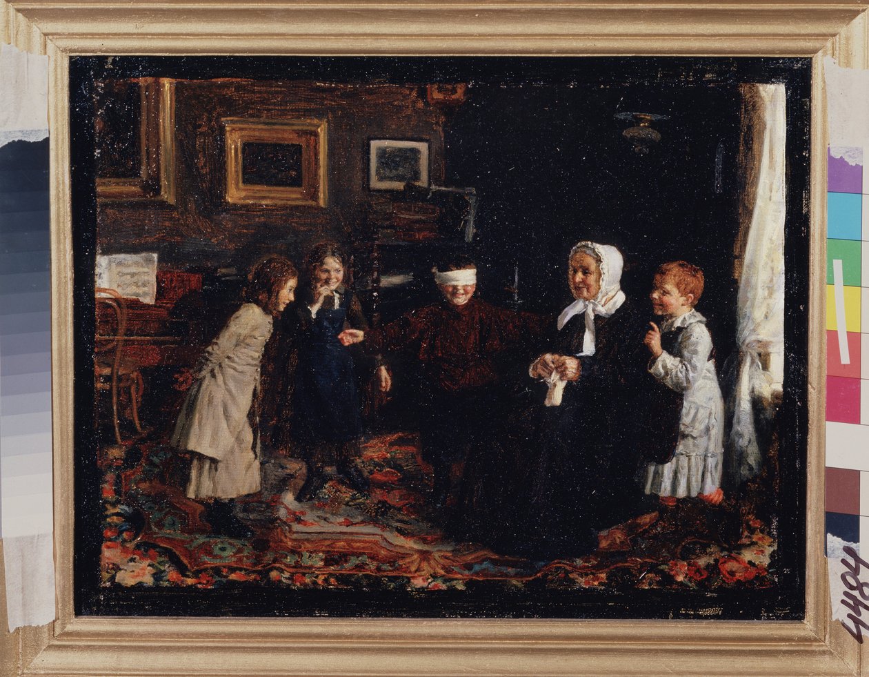 Colin Maillard. Maleri av Gavriil Fyodorovich Rybakov (1859-?), olje på lerret, ca 1880. Russisk kunst fra 1800-tallet. Statens russiske museum, St. Petersburg. av Gavriil Fyodorovich Rybakov