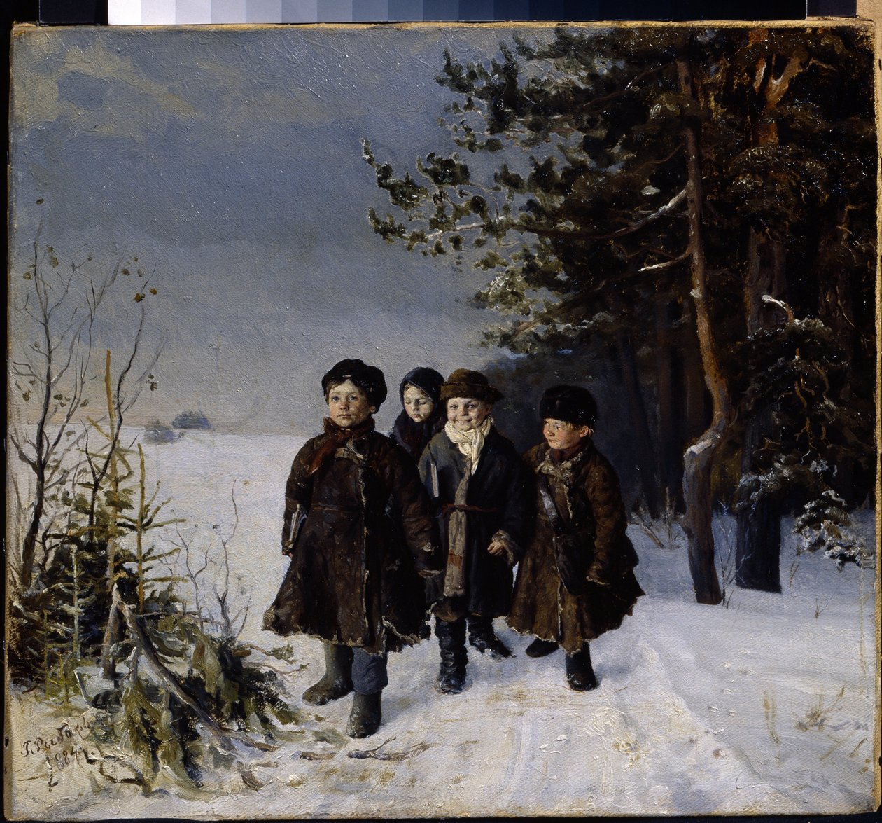 Tilbake fra skolen - Maleri av Gavriil Fyodorovich Rybakov (1859-?), olje på lerret av Gavriil Fyodorovich Rybakov